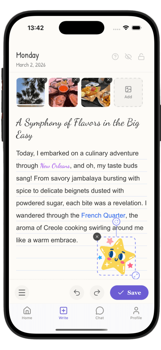 Pandiary app — writing view